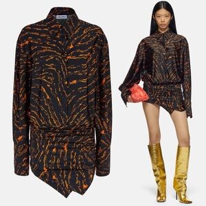 New The Attico “Hatty” Black & Cinnamon Tiger Print Draped Mini Dress